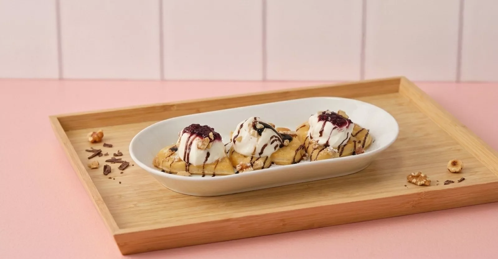 Waffle with vanilla ice cream served on mini pancakes with chocolate sauce and berries.
