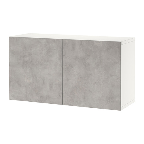 Mueble de almacenaje BESTÅ, gris-blanco, rectangular, diseño moderno, puertas efecto hormigón.