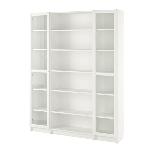 Librería BILLY blanca, 3 secciones, puertas de cristal en los laterales, estantes ajustables.
