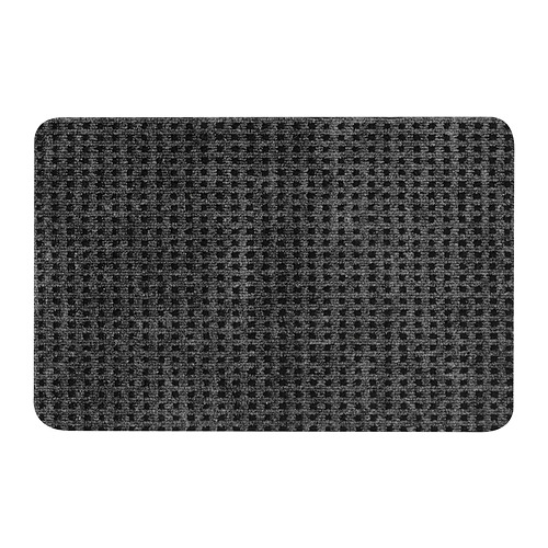 Alfombrilla rectangular gris con estampado de cuadros, material de poliéster reciclado, esquinas redondeadas suaves.