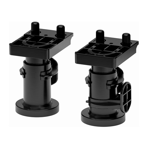 Dos patas de mueble ajustables negras, cada una con una base redonda, cilindro y perillas ajustables, diseñadas para la estabilidad en pisos irregulares.