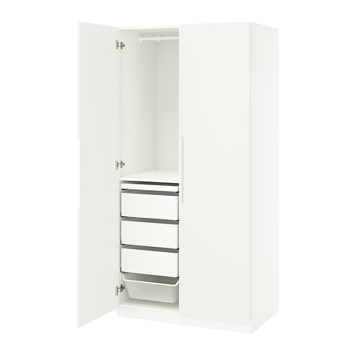 Armario PAX, blanco. Diseño alto, delgado y moderno con 4 cajones y estantes. Puertas de cierre suave.
