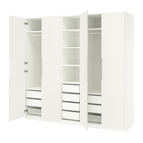 Armario blanco de tres secciones con estantes, cajones y cestas de malla, con un diseño elegante y moderno.