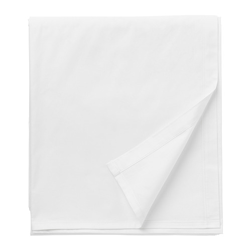 Juego de sábanas de algodón DVALA blanco impoluto, doblado cuadrado, textura suave.