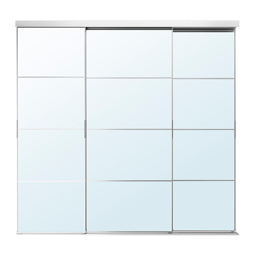Panel de puerta de armario de vidrio moderno SKYTTA, transparente con marco de aluminio. Cuatro secciones, diseño deslizante, estilo minimalista.