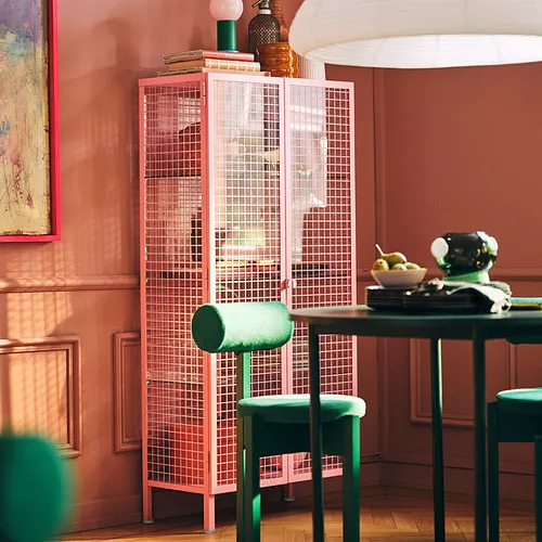 IKEA PS 2026 glass-door cabinet, light pink, 28 1/2x14 1/8x63 1/8 