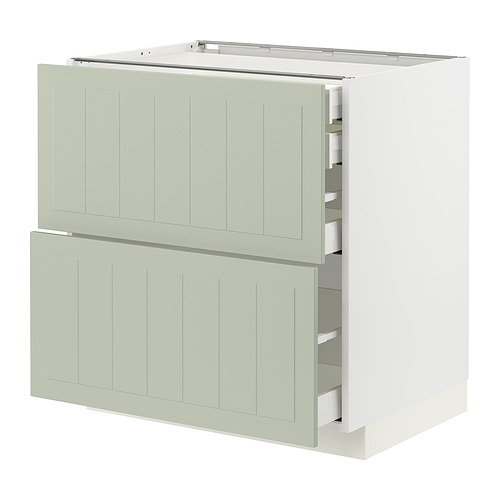 Almacenaje de cocina METOD en color verde con frentes de cajones tipo madera, con varios cajones para una organización eficiente.