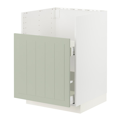 Armario verde METOD, puerta única, marco de aglomerado, paneles verticales lisos, cajón individual, diseño de cocina moderno.