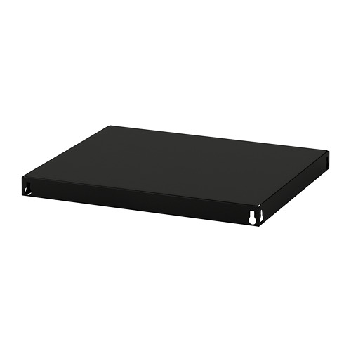 Estante de metal negro con bordes limpios, diseño robusto.