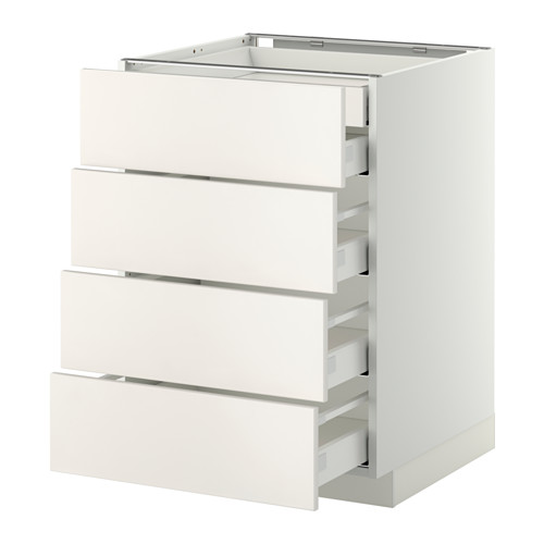 Mueble de cocina METOD blanco de ikea con cuatro cajones lisos y modernos, de tablero de fibra y acero, dispuestos verticalmente.