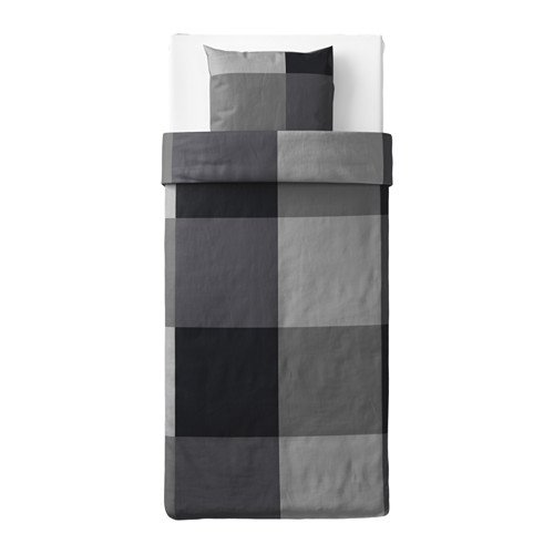 BRUNKRISSLA: juego de fundas nórdicas a cuadros grises con mezcla de viscosa, forma rectangular, cierre de cremallera.