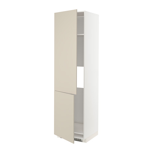 Representa un mueble de cocina METOD blanco y beige con dos puertas abiertas, mostrando sus estanterías en el interior.