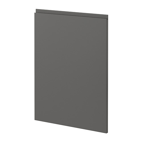 Puerta de armario de cocina moderna de color gris oscuro con un diseño elegante y sin tiradores. Forma rectangular, panel de superficie plana.