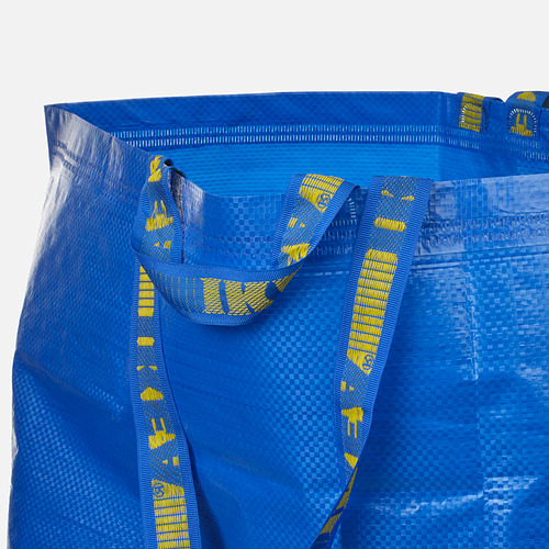 Bolsa de compras reutilizable azul con correas amarillas fuertes, diseñada para transportar cargas pesadas, plegable y ecológica con material reciclado.