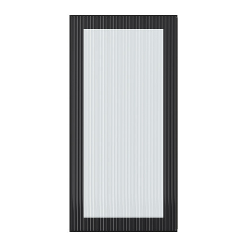 Puerta rectangular de cristal con marco negro y patrón de cañas.