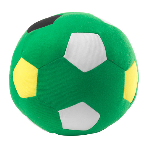 Pelota blanda de interior verde SPARKA con paneles blancos y amarillos; forma redonda.