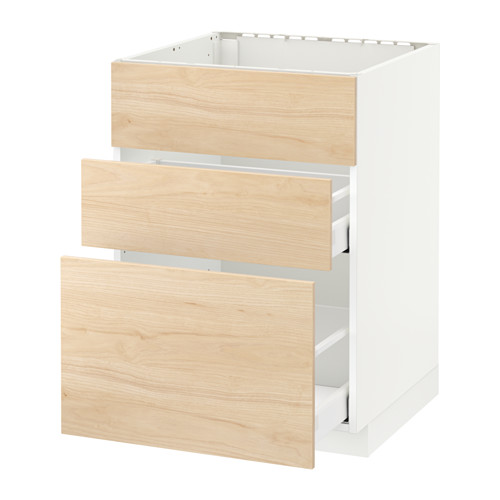 Mueble de cocina moderno, blanco y madera clara. Tres cajones abiertos, diseño elegante.