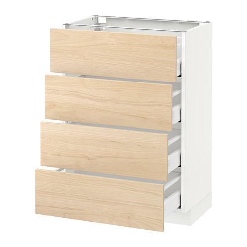 Mueble de cocina METOD con 4 cajones de madera en fresno claro, marco blanco, cajones extraíbles de profundidad completa.