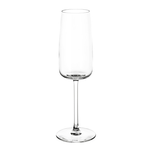 Copa de champán clara, alta y delgada; Diseño elegante, acabado brillante.