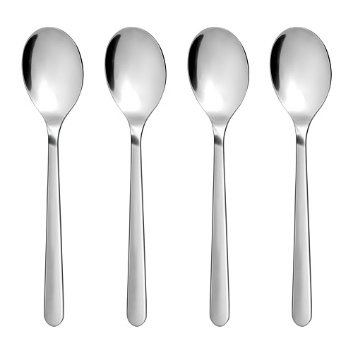 Cuatro cucharas de acero inoxidable plateado pulido, diseño moderno, una al lado de la otra.