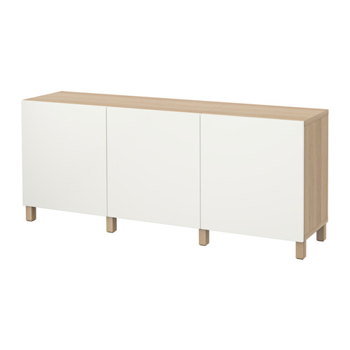 El aparador BESTÅ en blanco y roble. Cuenta con tres puertas de diseño minimalista, asentadas sobre patas de madera clara.
