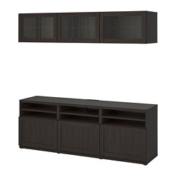 BESTÅ, TV storage combination with drawer rail, soft close, Black-brown / Hanviken-Sindvik black-brown clear glass