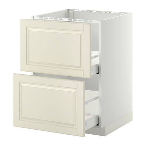 Mueble de cocina METOD blanco roto con dos cajones abiertos, bordes biselados y sistema de cajones de funcionamiento suave.