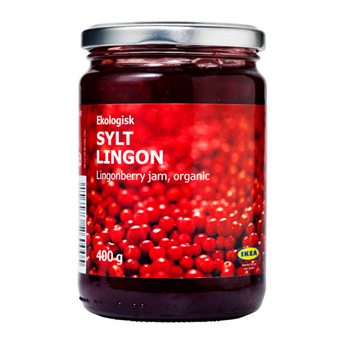 Tarro de mermelada ecológica de arándanos rojos SYLT LINGON, 400g. Etiqueta roja brillante, marca ikea.