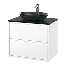 ÄNGSJÖN/OXMYREN, Mueble lavamanos con gavetas y llave BROGRUND,, Alto brillo blanco / negro efecto mármol