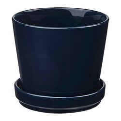 KLARBÄR, plant pot with saucer, Black-blue