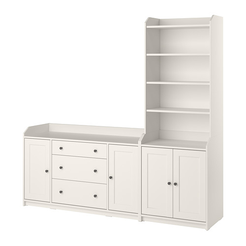 Juego de almacenamiento HAUGA blanco con cajones, armarios y estantes ajustables para diversas opciones de almacenamiento.