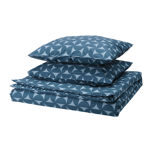 Juego de cama ÄNGSNEJLIKA - azul, estampado geométrico, viscosa de algodón nítido, incluye edredón y 2 almohadas.