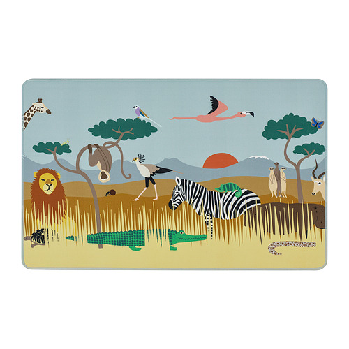 Almohadilla de escritorio con temática de safari con cebra, león, jirafa y más sobre el fondo de la sabana. Forma rectangular, colorido, protector, respetuoso con el medio ambiente.