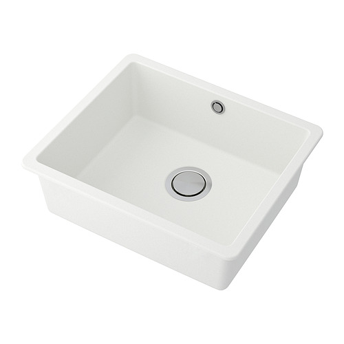 Fregadero de cocina rectangular blanco, superficie compuesta de cuarzo liso, lavabo profundo único, diseño moderno, líneas simples y limpias.