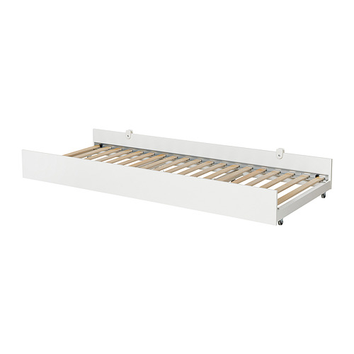 Cama nido blanca VIHALS, minimalista, listones de madera, diseño moderno, ahorro de espacio.