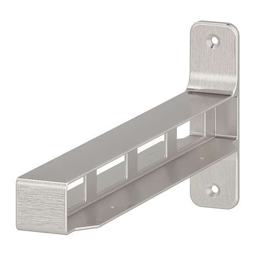 Un soporte de estante de aluminio niquelado, con un diseño elegante y compacto. Tiene orificios para montaje en pared y ranuras para unir estantes.