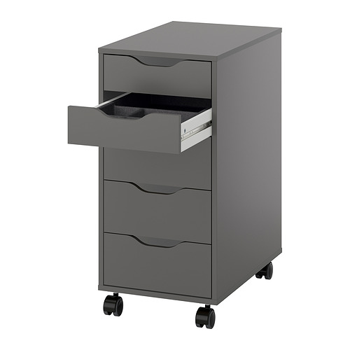 Armario de almacenamiento gris con rodas y tres cajones, diseño minimalista y ruedas de plástico.