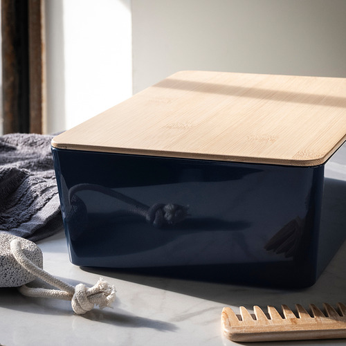 Caja de almacenamiento KUGGIS en azul marino con tapa de bambú, rectangular, brillante, resistente al polvo, cabe varios objetos, de tamaño pequeño a mediano.