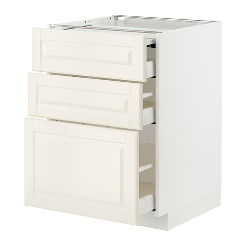 Mueble de cocina METOD blanco con tres cajones abiertos, bordes biselados.