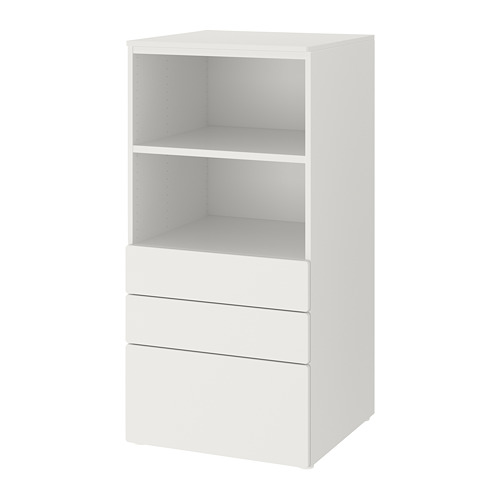 Estantería SMÅSTAD blanca con 3 cajones y 2 estantes abiertos para almacenamiento.