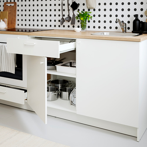 Cocina moderna con gabinetes blancos, encimera de roble, ollas de acero inoxidable y un protector contra salpicaduras con lunares negros.