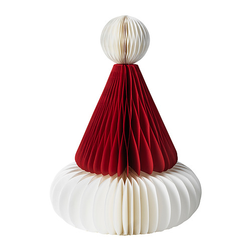 Decoración de sombrero de Papá Noel de papel rojo y blanco, forma cónica con pliegues de acordeón, diseño festivo de vacaciones.