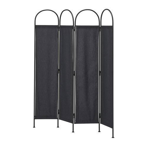 Separador de ambientes negro, serie GRÅFJÄLLET, estilo industrial moderno, 3 paneles con tapas arqueadas, estructura metálica y tejido de poliéster.