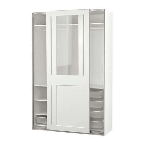 Armario PAX: blanco, puertas correderas con cristal, cajones de malla, pies ajustables.