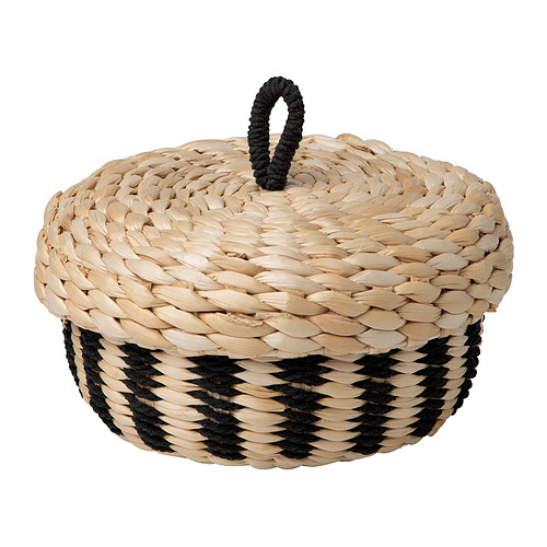 Cesta MÄVINN: redonda, tejida con fibras de plátano natural y negra, asa de cordón de algodón, para almacenamiento.