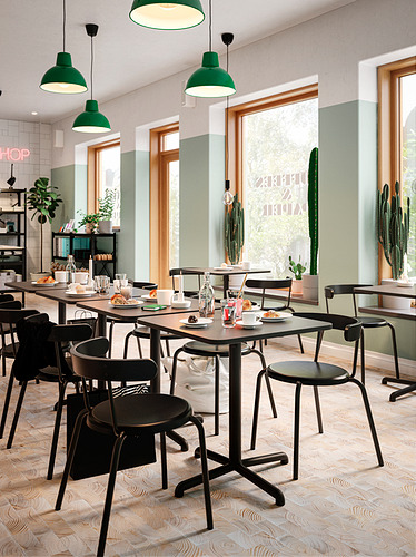 Cafetería moderna con mesas cuadradas STENSELE en negro, lámparas colgantes verdes, grandes ventanales y cactus.