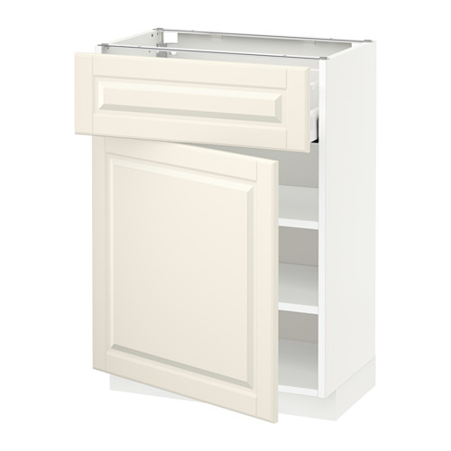 Un mueble de cocina METOD blanco con puerta y cajón en color blanco roto. Tiene un diseño tradicional con bordes biselados y un único estante ajustable en su interior.
