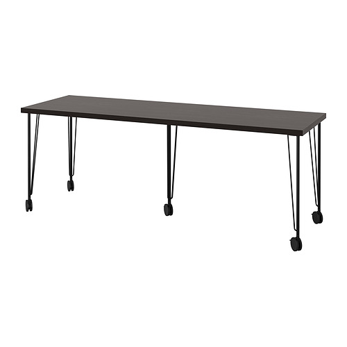 LAGKAPTEN: elegante escritorio negro, rectangular, robusto patas de acero con ruedas.