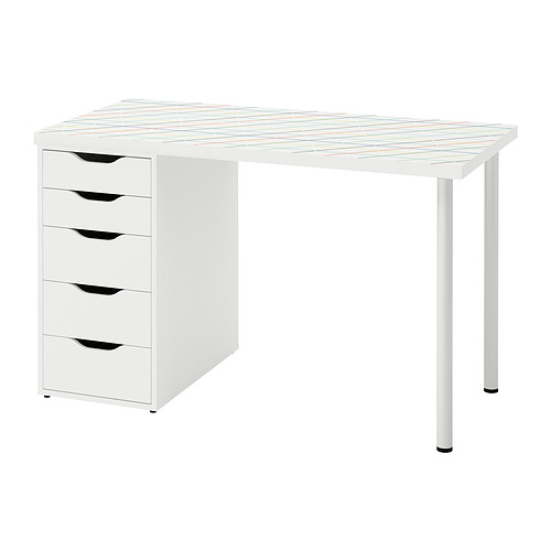 Un escritorio blanco LAGKAPTEN con cinco cajones. Tiene un patrón de cuadrícula colorido y un diseño elegante y funcional, perfecto para un espacio de trabajo moderno.