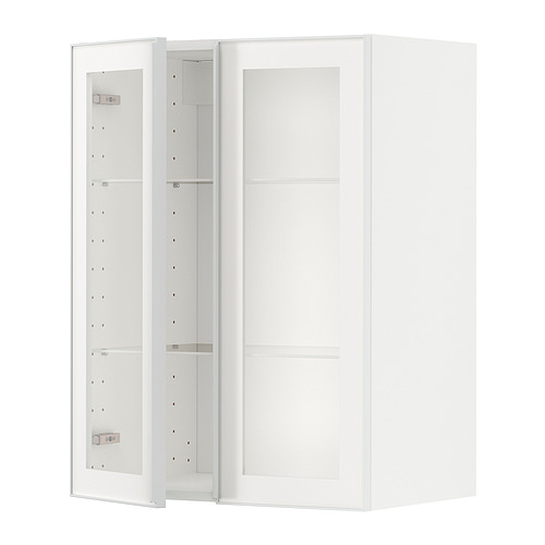 Un mueble de cocina METOD blanco con puerta de cristal y marco metálico, con estantes ajustables.